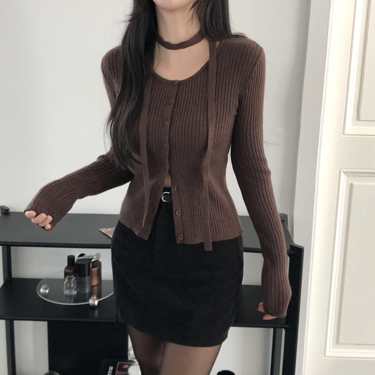 【タイ付き】スリムフィットニットカーディガン(7color) BROWN