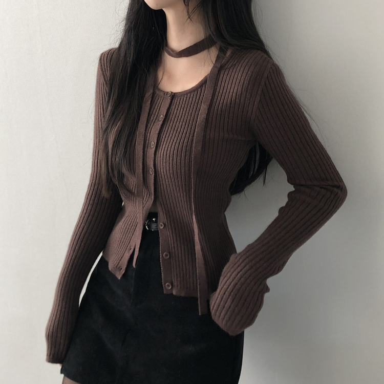 【タイ付き】スリムフィットニットカーディガン(7color) BROWN