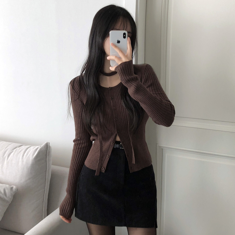 【タイ付き】スリムフィットニットカーディガン(7color) BROWN