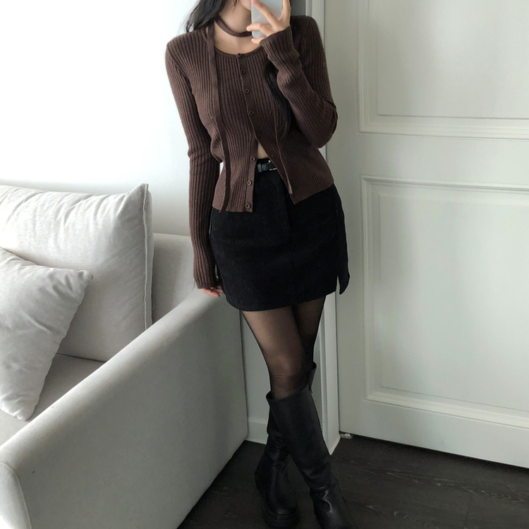【タイ付き】スリムフィットニットカーディガン(7color) BROWN