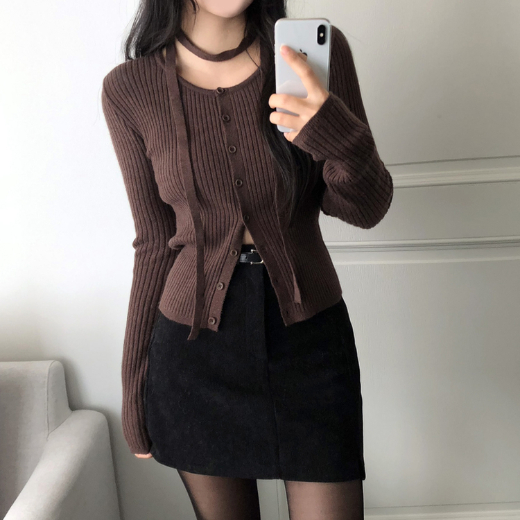 【タイ付き】スリムフィットニットカーディガン(7color) BROWN