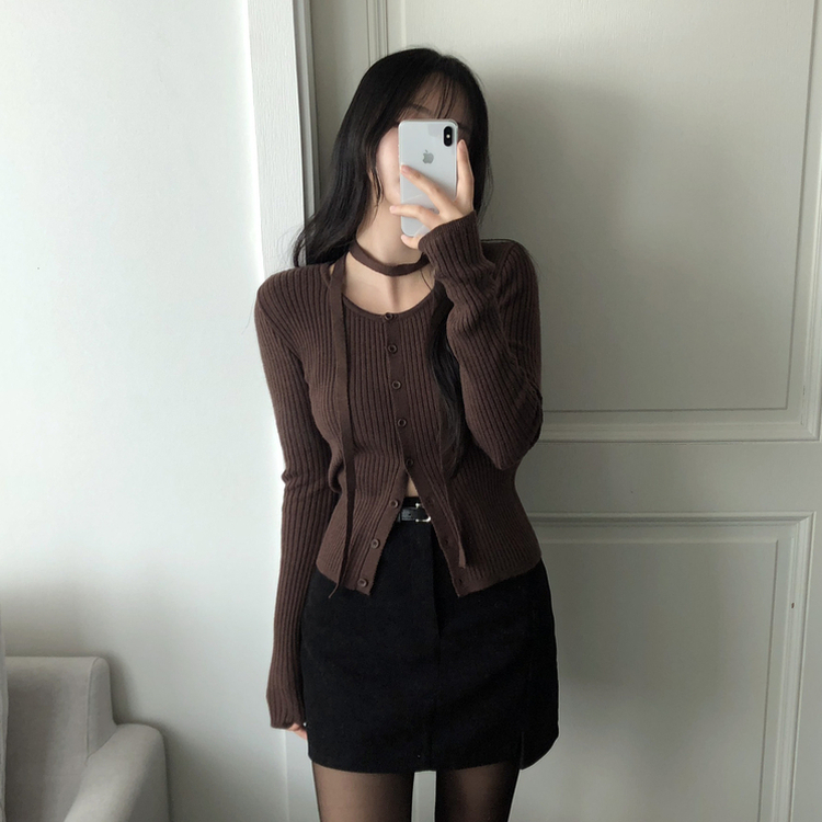 【タイ付き】スリムフィットニットカーディガン(7color) BROWN