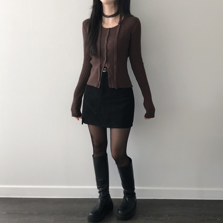 【タイ付き】スリムフィットニットカーディガン(7color) BROWN