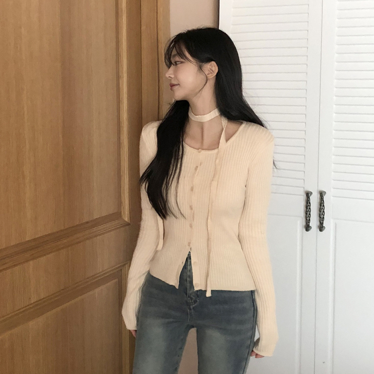【タイ付き】スリムフィットニットカーディガン(7color) LIGHT BEIGE
