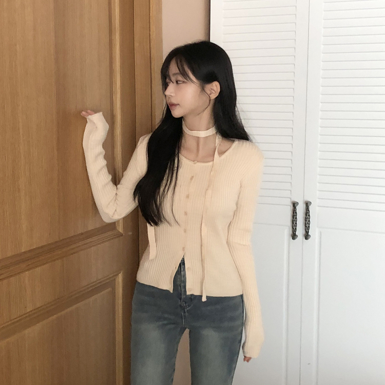 【タイ付き】スリムフィットニットカーディガン(7color) LIGHT BEIGE
