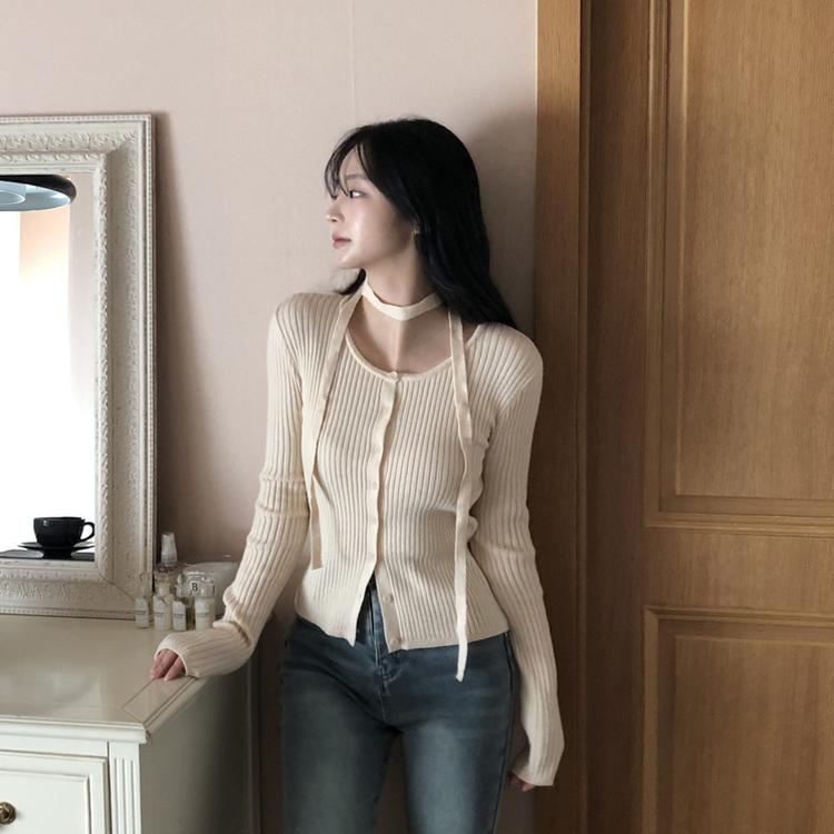 【タイ付き】スリムフィットニットカーディガン(7color) LIGHT BEIGE