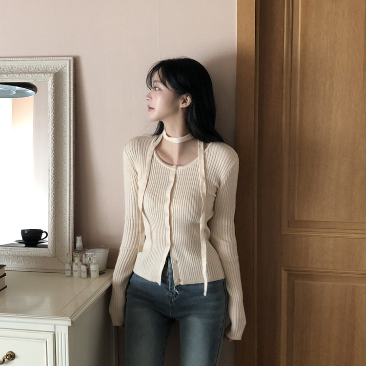 【タイ付き】スリムフィットニットカーディガン(7color) LIGHT BEIGE