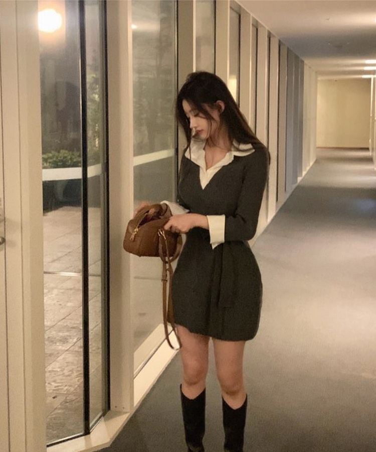 ベルト付き】シャツレイヤードVネックウールニットワンピース