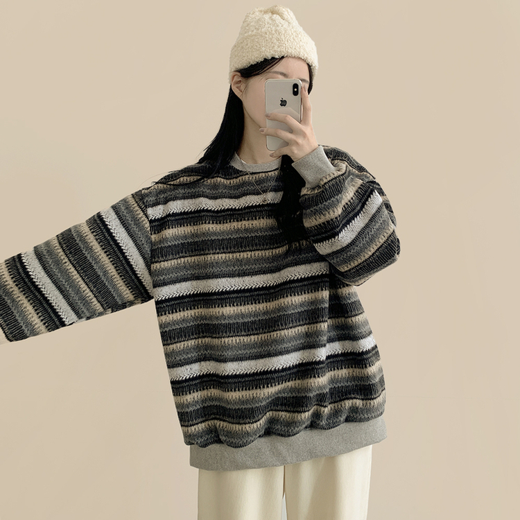 따뜻포근 빈티지 에스닉 배색 스트라이프 단가라 니트 커플 왕오버핏 맨투맨 그레이