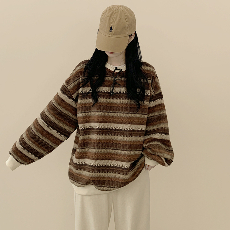 따뜻포근 빈티지 에스닉 배색 스트라이프 단가라 니트 커플 왕오버핏 맨투맨 베이지