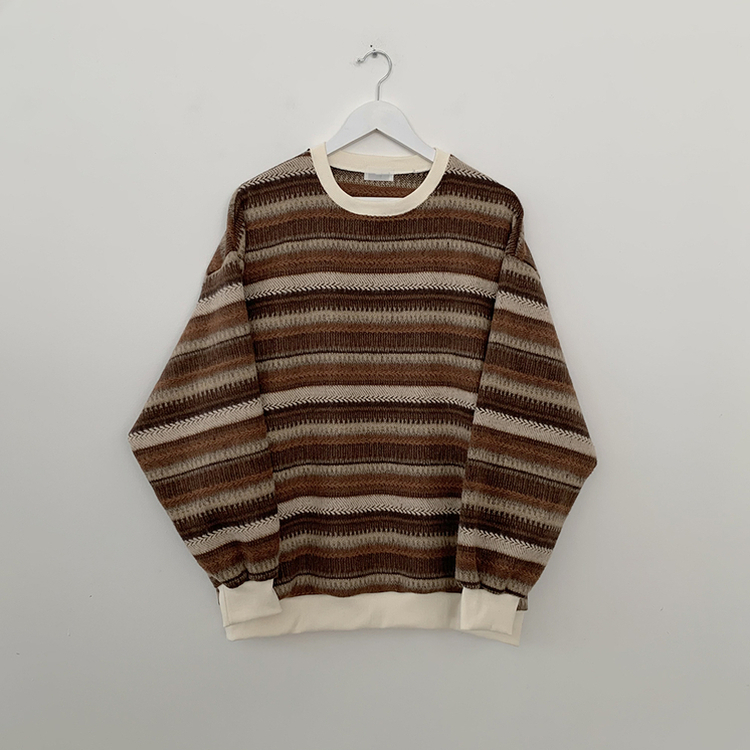 따뜻포근 빈티지 에스닉 배색 스트라이프 단가라 니트 커플 왕오버핏 맨투맨