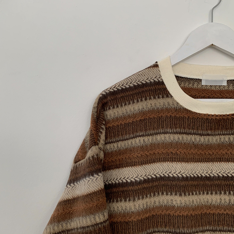 따뜻포근 빈티지 에스닉 배색 스트라이프 단가라 니트 커플 왕오버핏 맨투맨