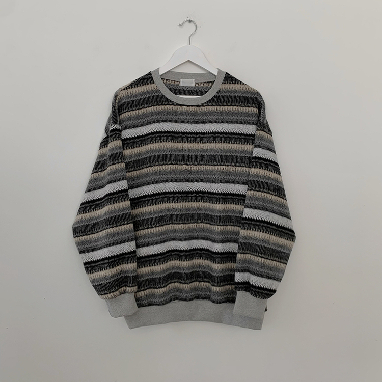 따뜻포근 빈티지 에스닉 배색 스트라이프 단가라 니트 커플 왕오버핏 맨투맨
