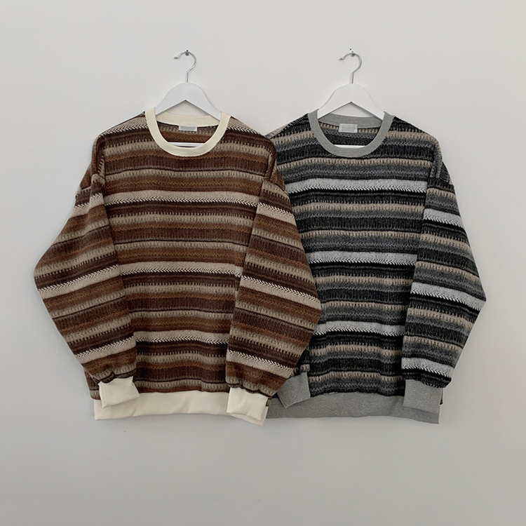 따뜻포근 빈티지 에스닉 배색 스트라이프 단가라 니트 커플 왕오버핏 맨투맨