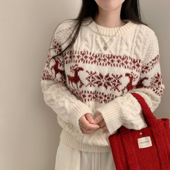 보송이 노르딕 루돌프 사슴 라운드넥 겨울 긴팔 니트 연말룩 크리스마스 아이보리