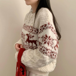 보송이 노르딕 루돌프 사슴 라운드넥 겨울 긴팔 니트 연말룩 크리스마스 아이보리