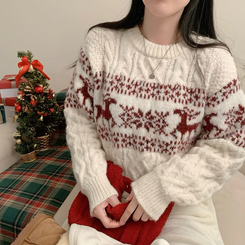 보송이 노르딕 루돌프 사슴 라운드넥 겨울 긴팔 니트 연말룩 크리스마스 아이보리