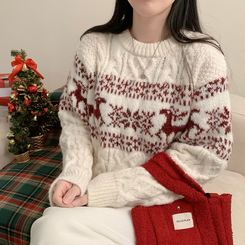 보송이 노르딕 루돌프 사슴 라운드넥 겨울 긴팔 니트 연말룩 크리스마스 아이보리