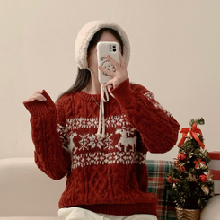 보송이 노르딕 루돌프 사슴 라운드넥 겨울 긴팔 니트 연말룩 크리스마스 레드
