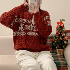 보송이 노르딕 루돌프 사슴 라운드넥 겨울 긴팔 니트 연말룩 크리스마스 레드