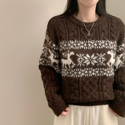 보송이 노르딕 루돌프 사슴 라운드넥 겨울 긴팔 니트 연말룩 크리스마스 밤색