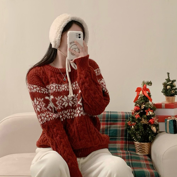 보송이 노르딕 루돌프 사슴 라운드넥 겨울 긴팔 니트 연말룩 크리스마스 레드