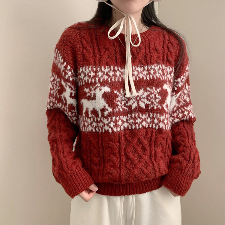 보송이 노르딕 루돌프 사슴 라운드넥 겨울 긴팔 니트 연말룩 크리스마스 레드