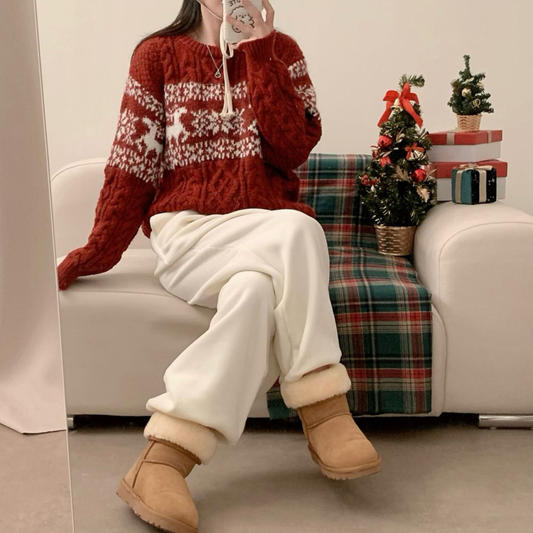 보송이 노르딕 루돌프 사슴 라운드넥 겨울 긴팔 니트 연말룩 크리스마스 레드