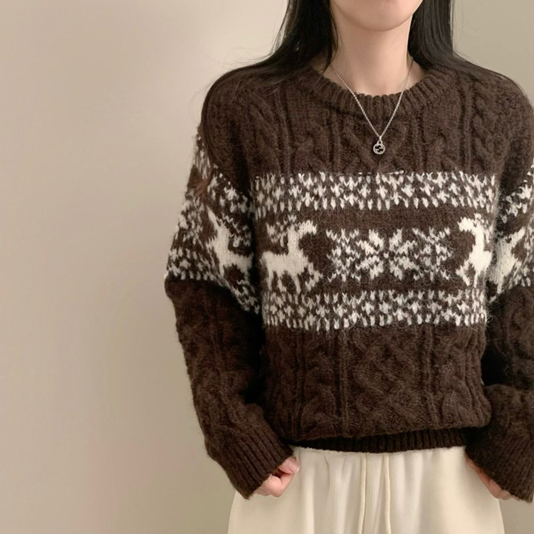 보송이 노르딕 루돌프 사슴 라운드넥 겨울 긴팔 니트 연말룩 크리스마스 밤색