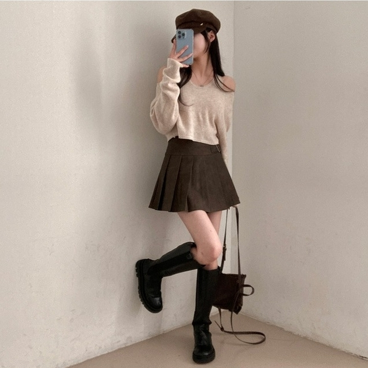 디톤 사이드 벨트포인트 레더 플리츠 미니 스커트 브라운