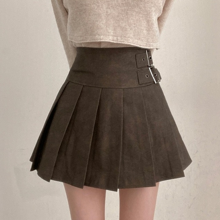 디톤 사이드 벨트포인트 레더 플리츠 미니 스커트 브라운