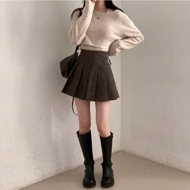 디톤 사이드 벨트포인트 레더 플리츠 미니 스커트 브라운