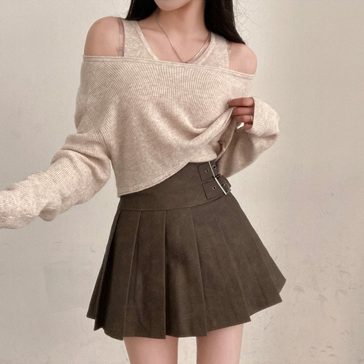 디톤 사이드 벨트포인트 레더 플리츠 미니 스커트 브라운