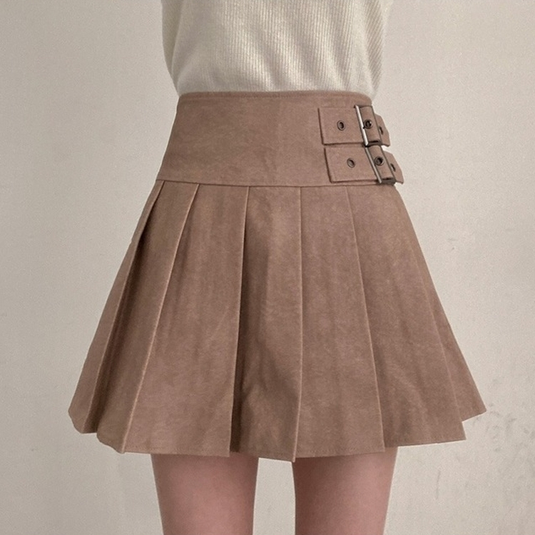 디톤 사이드 벨트포인트 레더 플리츠 미니 스커트 베이지