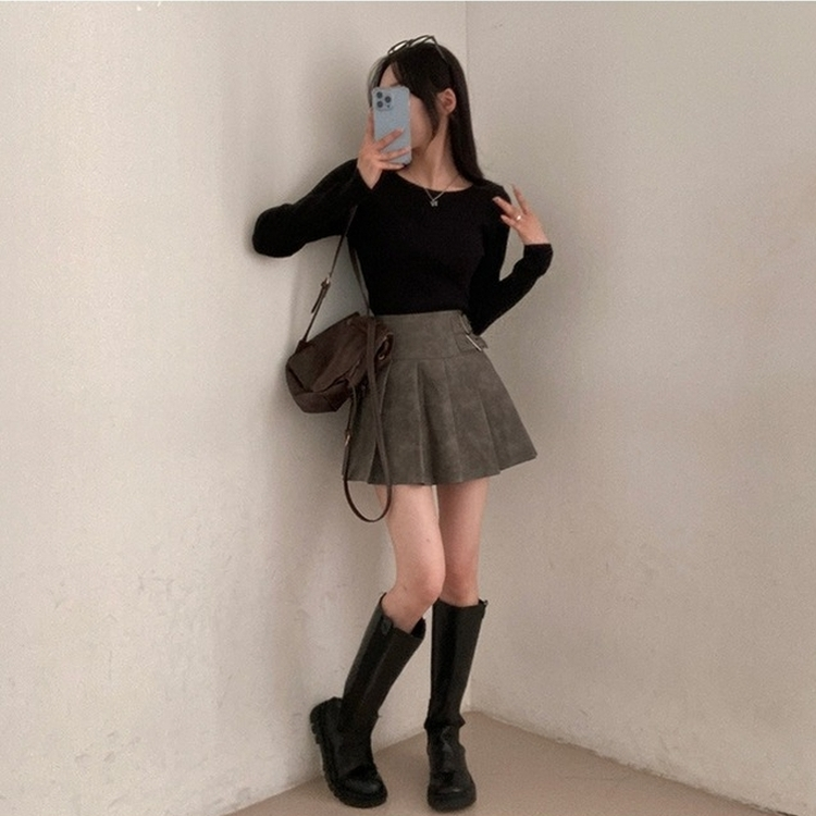 디톤 사이드 벨트포인트 레더 플리츠 미니 스커트 연그레이