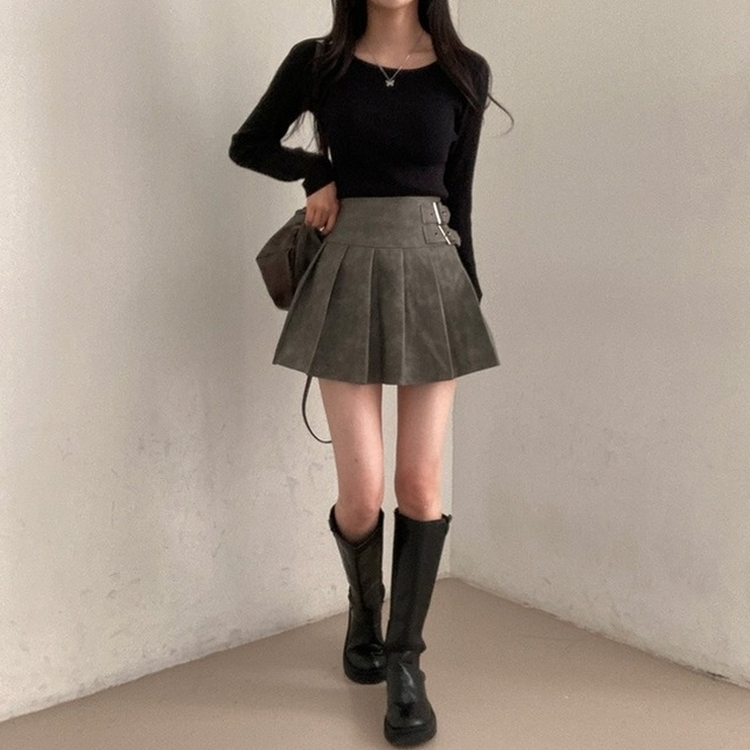 디톤 사이드 벨트포인트 레더 플리츠 미니 스커트 연그레이