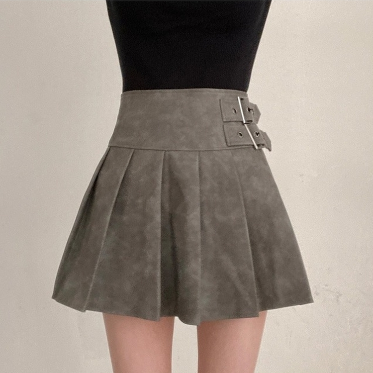 디톤 사이드 벨트포인트 레더 플리츠 미니 스커트 연그레이