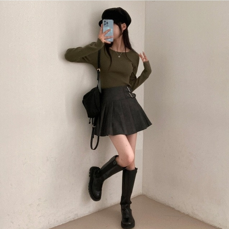 디톤 사이드 벨트포인트 레더 플리츠 미니 스커트 진그레이