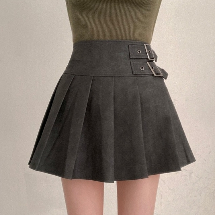 디톤 사이드 벨트포인트 레더 플리츠 미니 스커트 진그레이