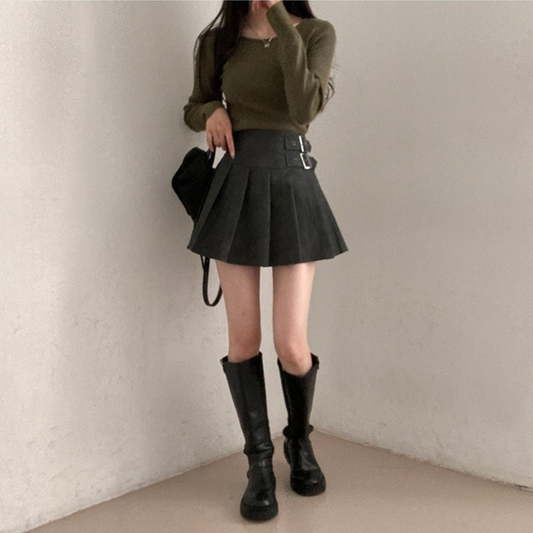 디톤 사이드 벨트포인트 레더 플리츠 미니 스커트 진그레이