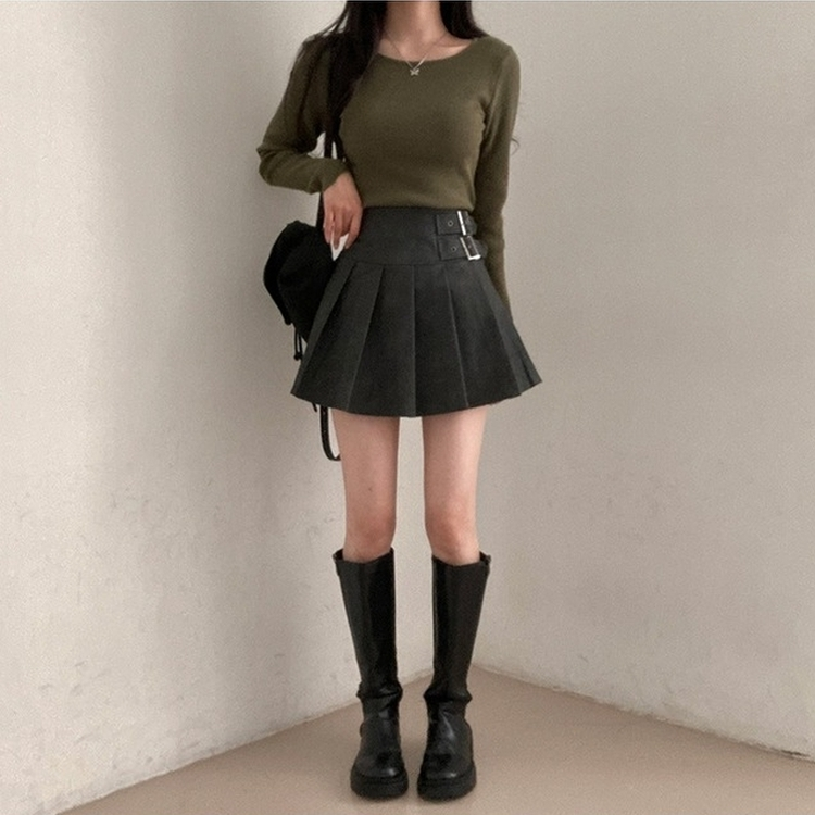 디톤 사이드 벨트포인트 레더 플리츠 미니 스커트 진그레이