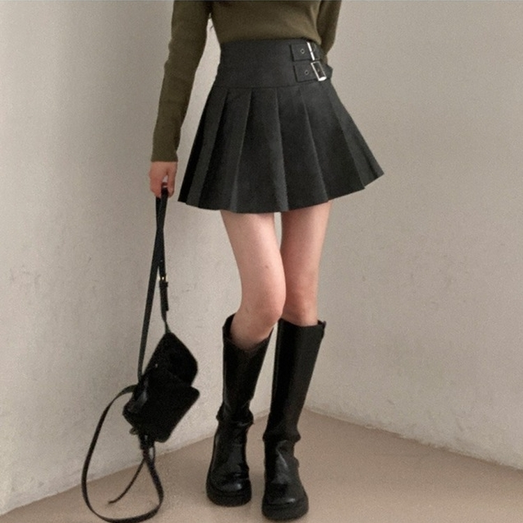 디톤 사이드 벨트포인트 레더 플리츠 미니 스커트 진그레이
