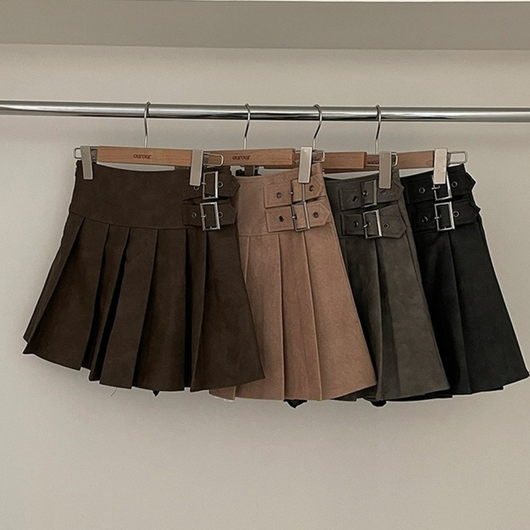 디톤 사이드 벨트포인트 레더 플리츠 미니 스커트