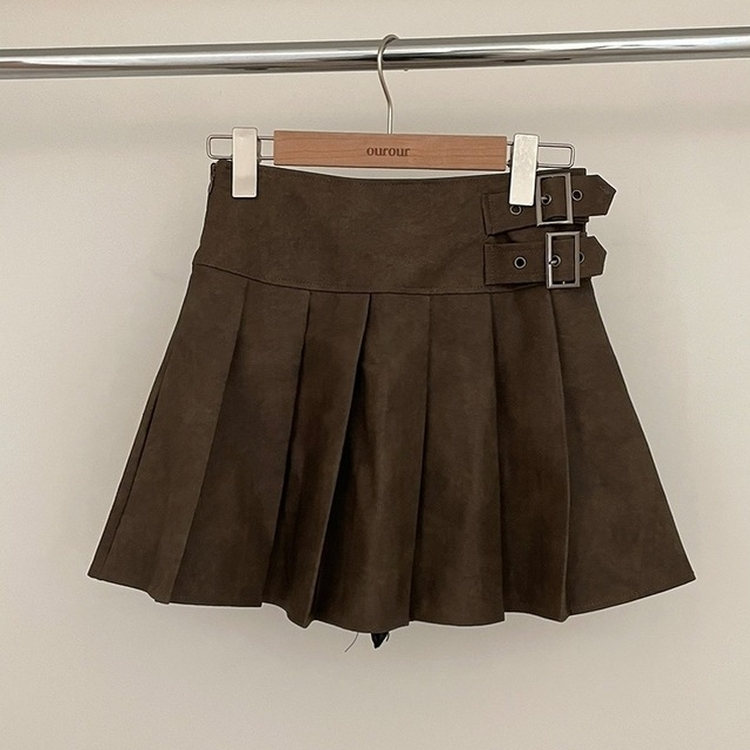 디톤 사이드 벨트포인트 레더 플리츠 미니 스커트