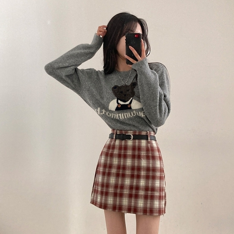 리즌 체크 벨트 미니 스커트 버건디
