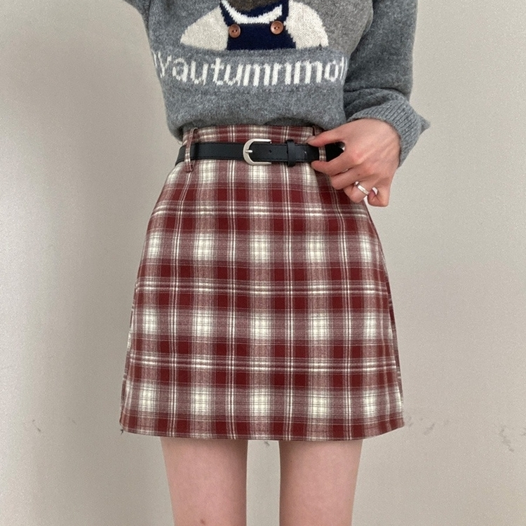리즌 체크 벨트 미니 스커트 버건디