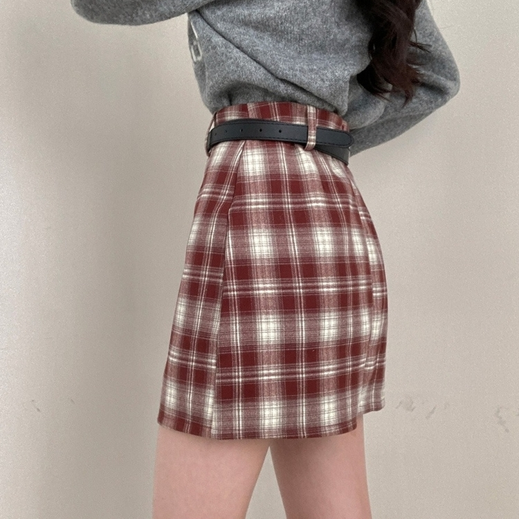 리즌 체크 벨트 미니 스커트 버건디