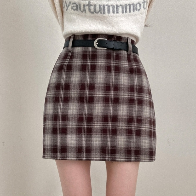 리즌 체크 벨트 미니 스커트 브라운