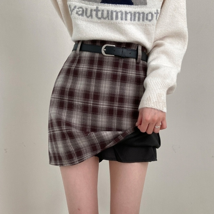 리즌 체크 벨트 미니 스커트 브라운