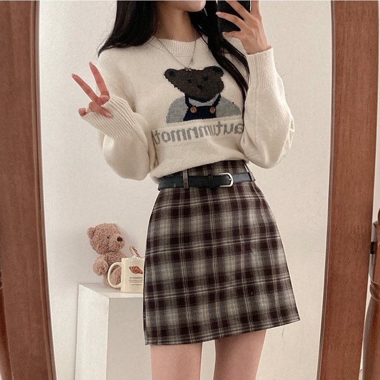 리즌 체크 벨트 미니 스커트 브라운